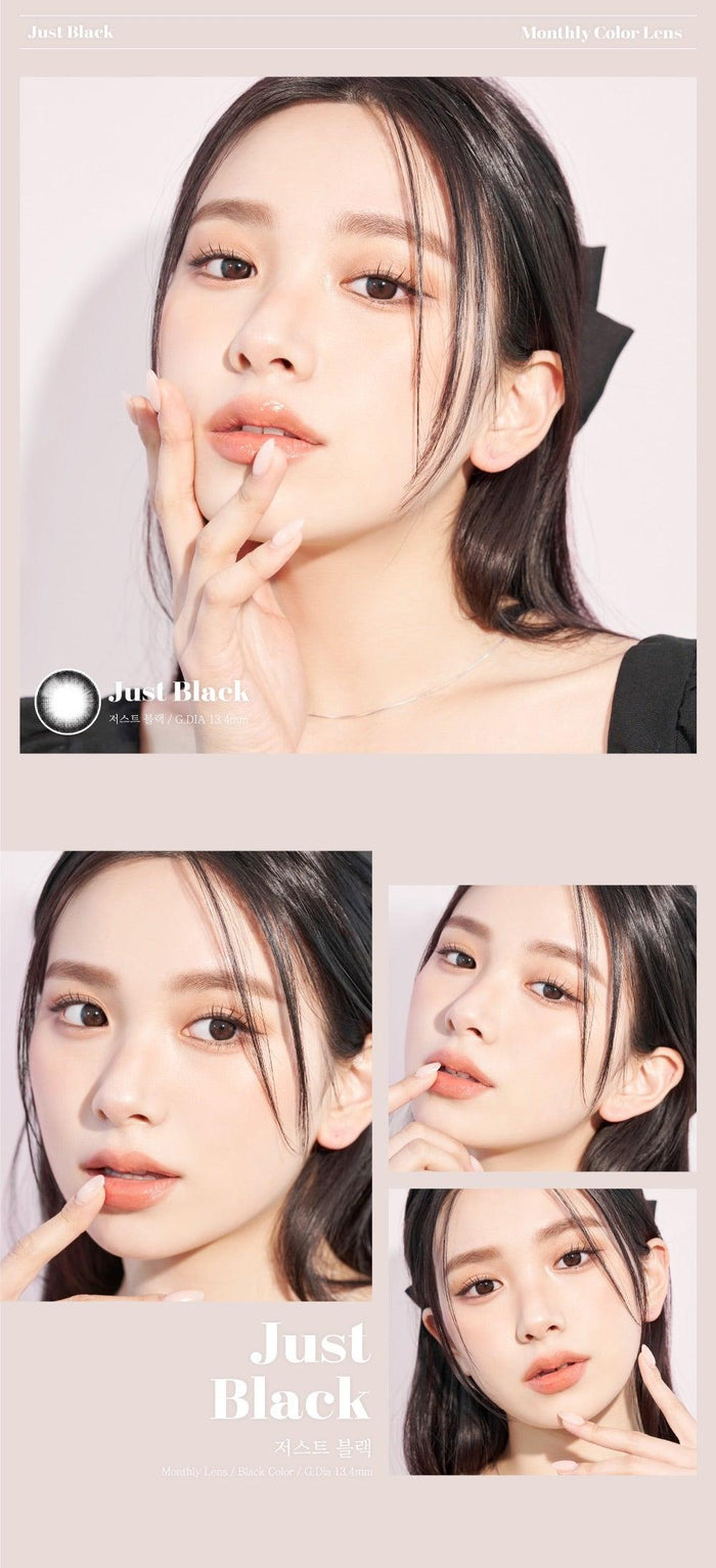 A close-up of a model demonstrating a natural makeup look with Ann365 JUST Black (Toric for Astigmatism) (1 PAIR) circle colour contacts, highlighting how well the contact lenses blend with her dark eyes.