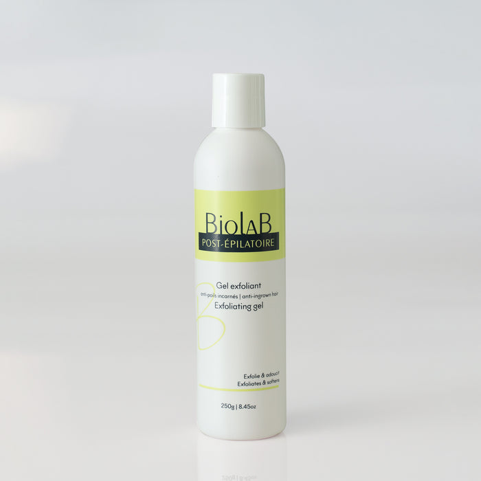 BiolaB Post-Epilatoire exfoliating gel for anti-ingrown hair, 250g bottle with white design and lime green label