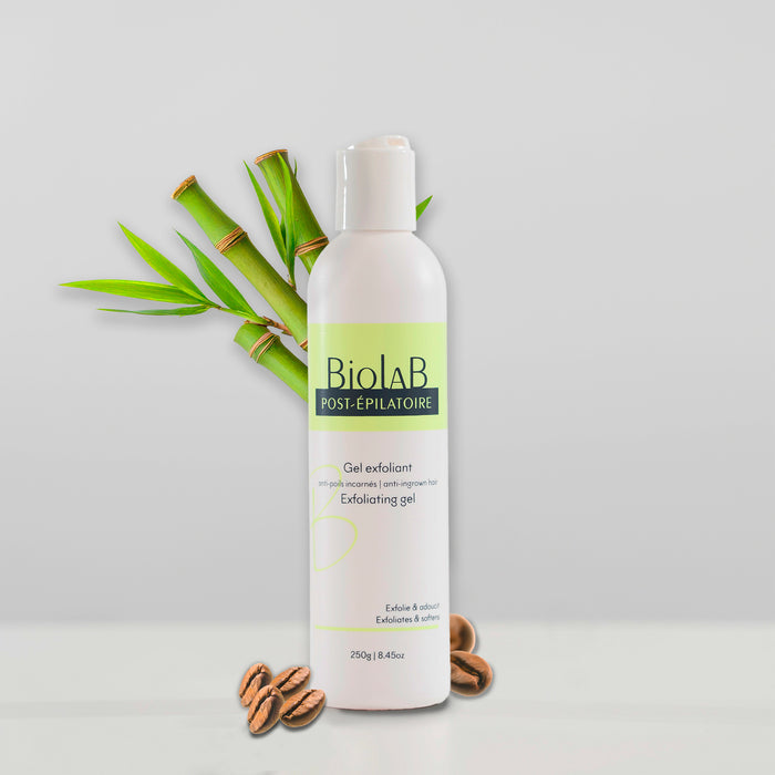 BiolaB Post-Epilatoire exfoliating gel for anti-ingrown hair, shown with bamboo and coffee beans, 250g