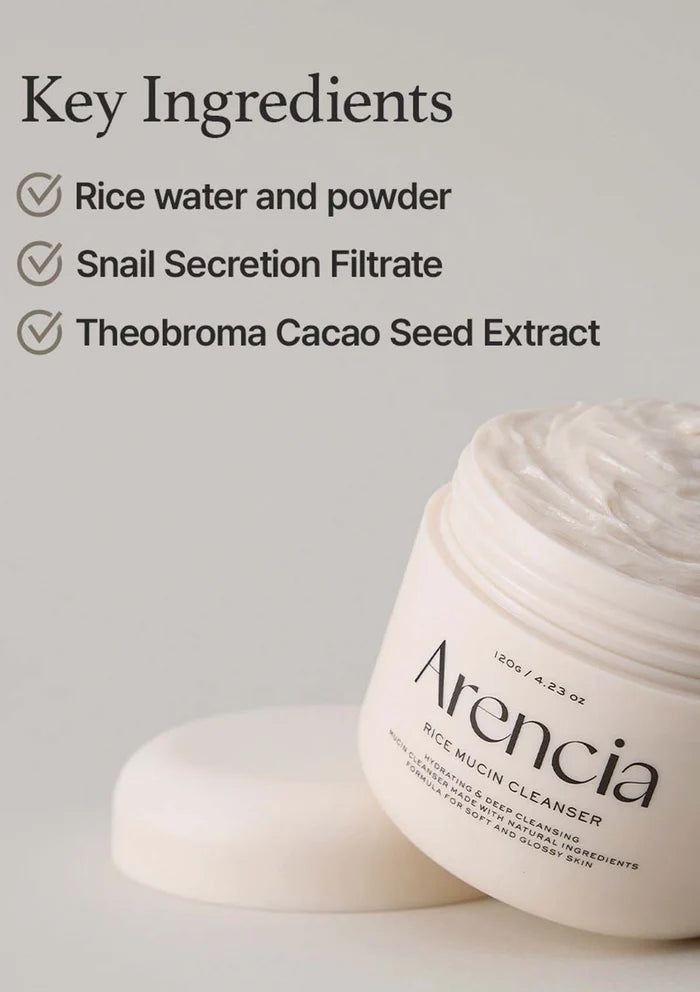 Arencia rice mucin cleanser with key ingredients listed on a gray background