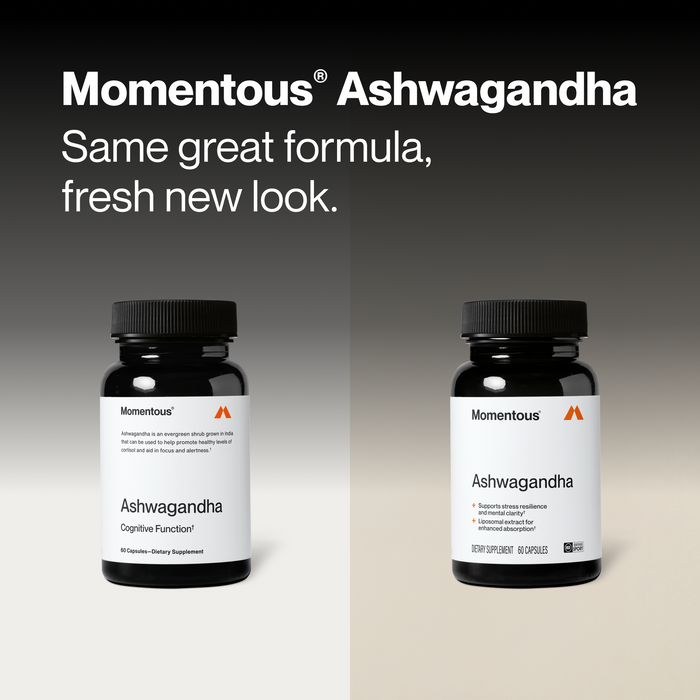Momentous Ashwagandha packaging update: the previous bottle label shown beside the new label, with the text "Same great formula, fresh new look"