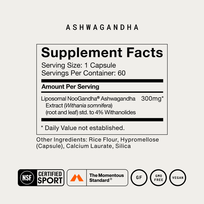 Momentous Ashwagandha Supplement Facts panel: serving size 1 capsule, 60 servings per container, 300 mg Liposomal NooGandha Ashwagandha extract (Withania somnifera, root and leaf) standardized to 4% withanolides. Other ingredients: rice flour, hypromellose capsule, calcium laurate, silica. NSF Certified for Sport, gluten free, GMO free, vegan