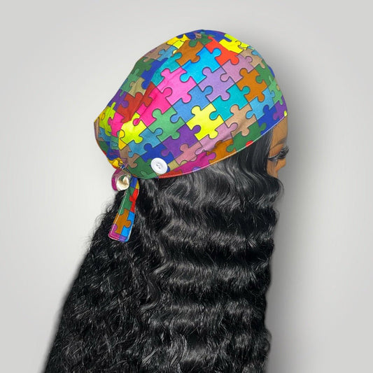 Autism Acceptance Satin - Lined Tie Back Scrub Cap - Nursecaresuites - Online Healthcare BoutiqueScrub CapAdjustable Scrub CapAutism Acceptance Scrub CapAutism Awareness Scrub Cap