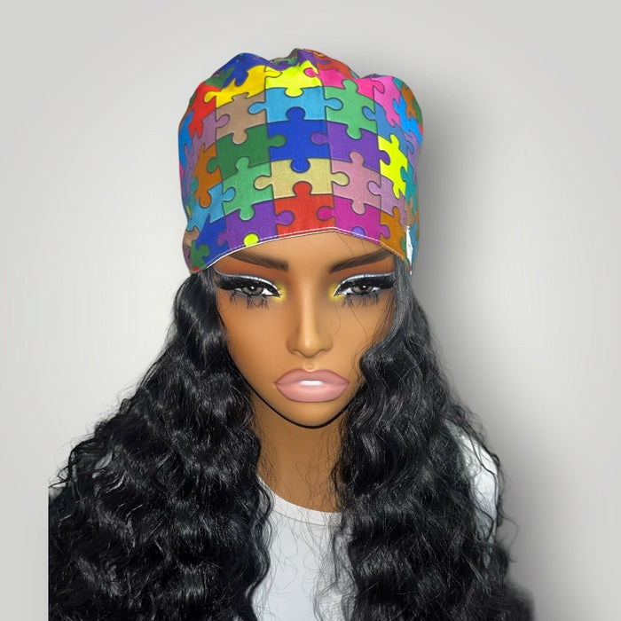 Autism Acceptance Satin - Lined Tie Back Scrub Cap - Nursecaresuites - Online Healthcare BoutiqueScrub CapAdjustable Scrub CapAutism Acceptance Scrub CapAutism Awareness Scrub Cap