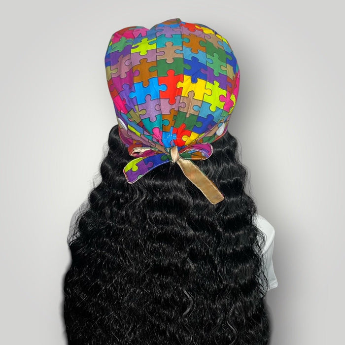 Autism Acceptance Satin - Lined Tie Back Scrub Cap - Nursecaresuites - Online Healthcare BoutiqueScrub CapAdjustable Scrub CapAutism Acceptance Scrub CapAutism Awareness Scrub Cap