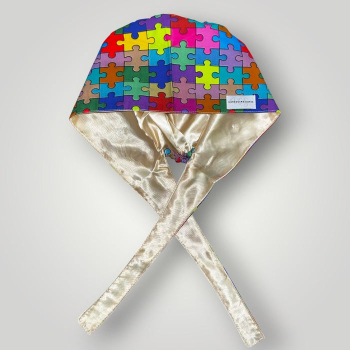 Autism Acceptance Satin - Lined Tie Back Scrub Cap - Nursecaresuites - Online Healthcare BoutiqueScrub CapAdjustable Scrub CapAutism Acceptance Scrub CapAutism Awareness Scrub Cap