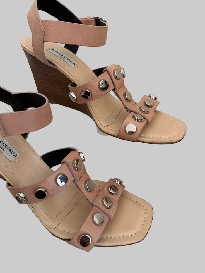 Balenciaga tan strappy sandals size 38 with multiple thin straps and open toe design on a plain background.