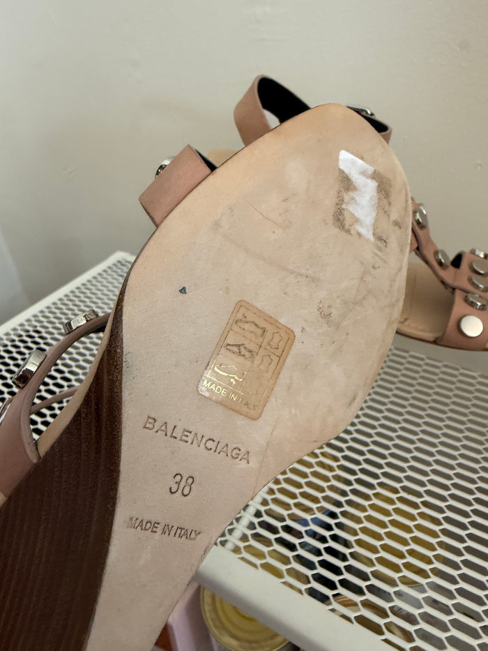 Balenciaga tan strappy sandals size 38 with multiple thin straps and open toe design on a neutral background.