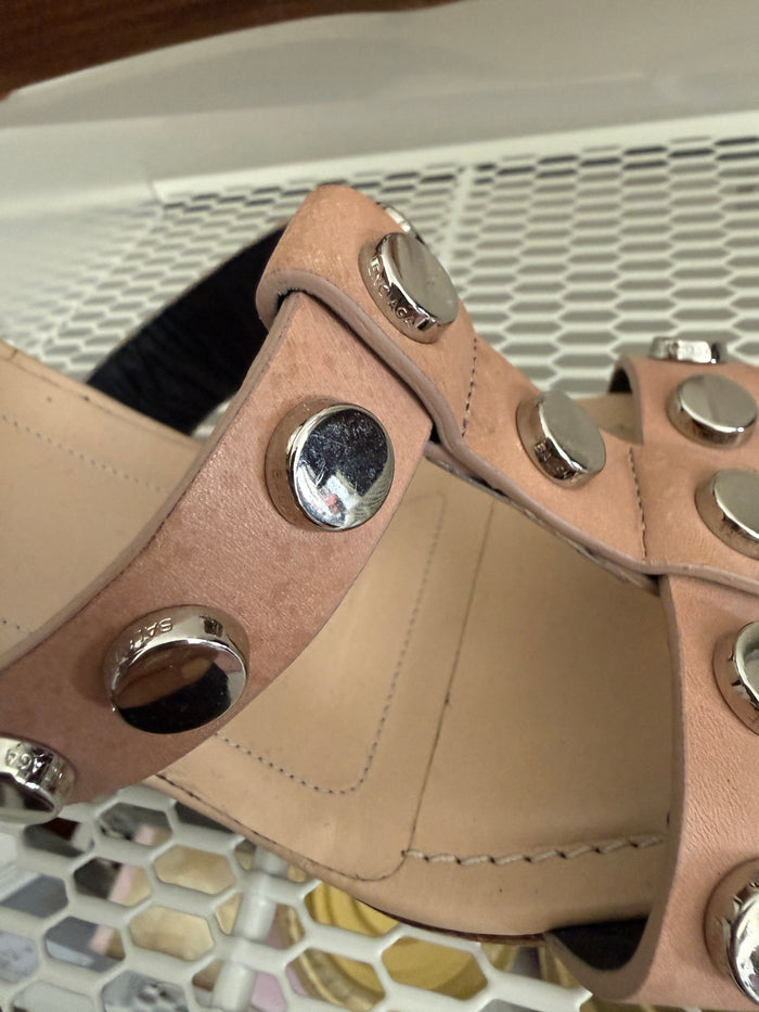 Balenciaga tan strappy sandals size 38, open-toe shoes with multiple straps and a sleek design, on a white background.