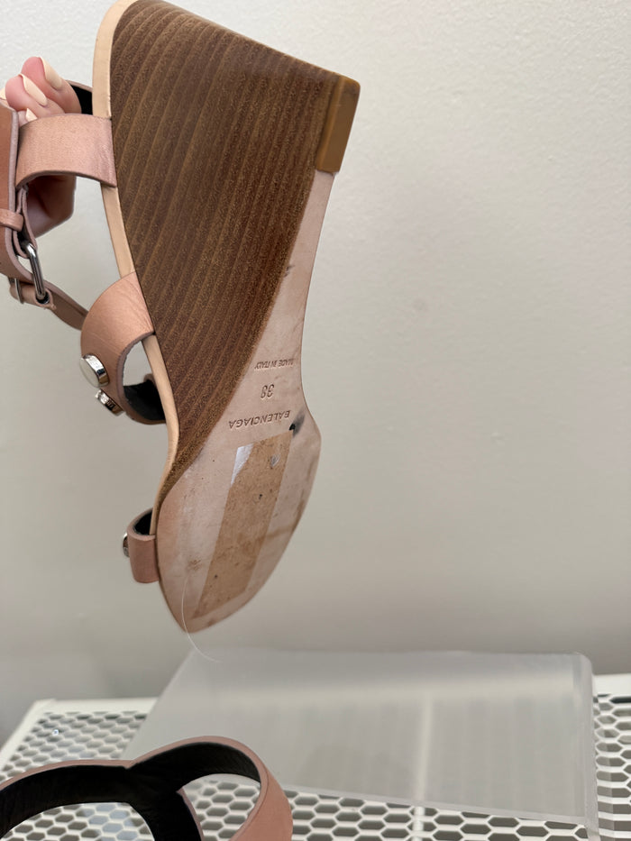 Balenciaga tan strappy sandals size 38 with open toe and thin ankle straps, stylish and elegant footwear.