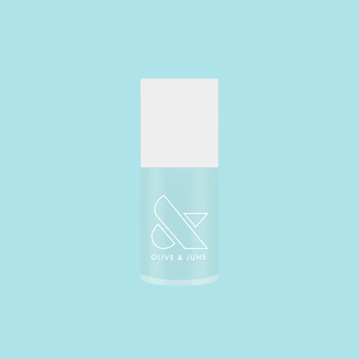 Bottle of Berry Basket gel polish by Olive and June in soft pastel turquoise shade for mani and pedi use