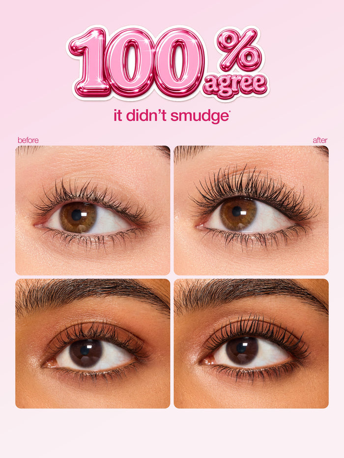 Two pairs of eyes, one before and one after makeup application, demonstrate enhanced eyelashes. Text reads: 100% agree it didn’t smudge, referencing a study of 32 subjects over two weeks.
