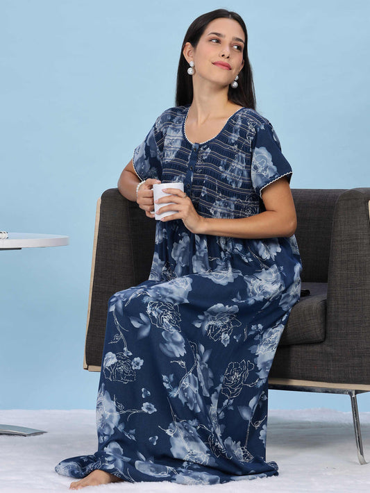Blue Rose Floral Pleated Design Smocking Nighty For Women