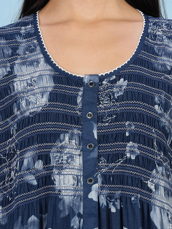 Blue Rose Floral Pleated Design Smocking Nighty For Women