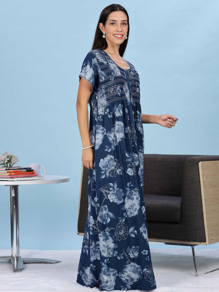 Blue Rose Floral Pleated Design Smocking Nighty For Women