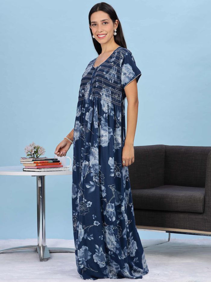 Blue Rose Floral Pleated Design Smocking Nighty For Women