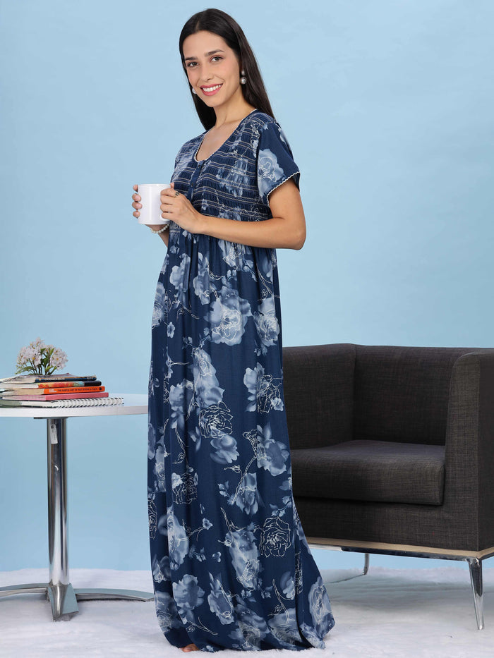 Blue Rose Floral Pleated Design Smocking Nighty For Women