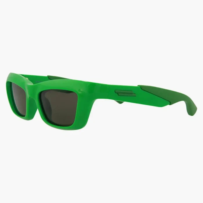 Bottega Veneta square sunglasses with green frames and dark lenses, stylish accessories for a sophisticated look.