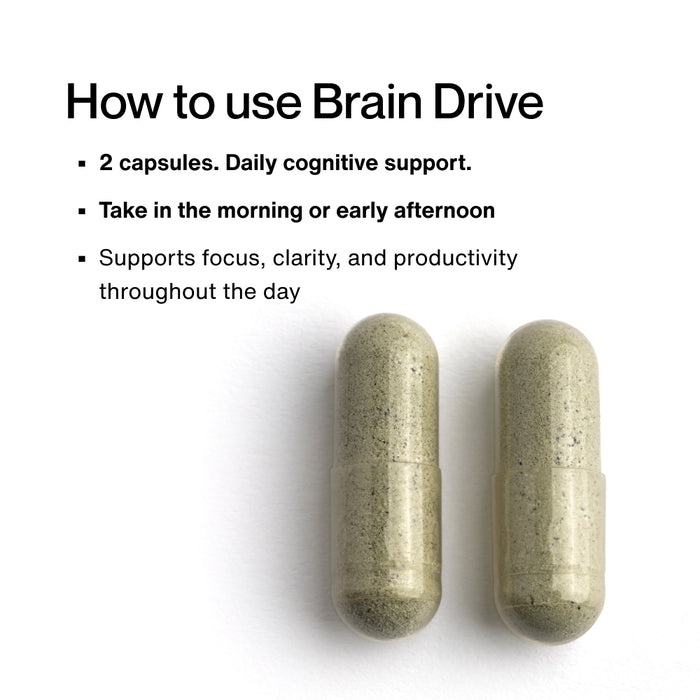 Two capsules are shown on a white background beneath usage instructions. Text on the image reads: “How to use Brain Drive” “• 2 capsules. Daily cognitive support.” “• Take in the morning or early afternoon” “• Supports focus, clarity, and productivity throughout the day”
