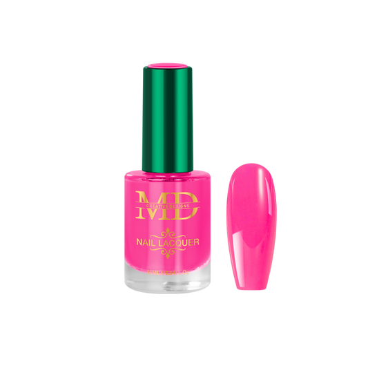 Pink nail polish bottle with green cap on a white background