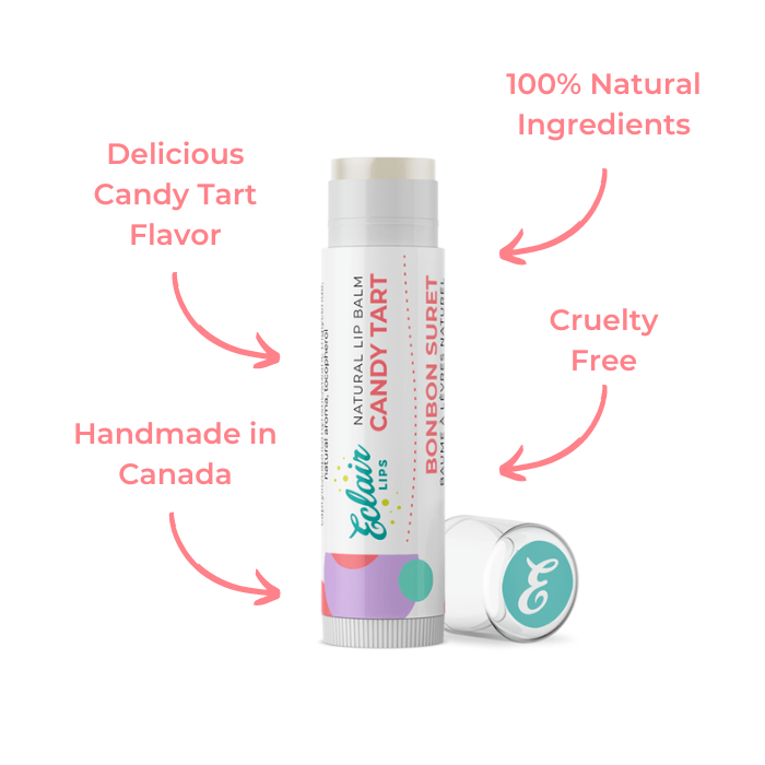 Lip balm tube labeled Candy Tart with ingredients listed.