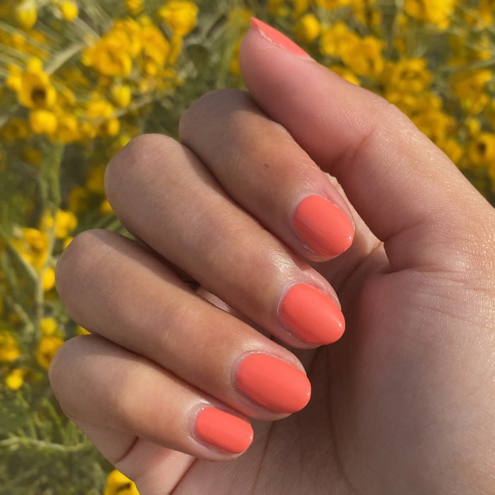 Hand with short rounded nails painted bright carrot orange in Carrot Juice gel polish by Olive and June outdoors
