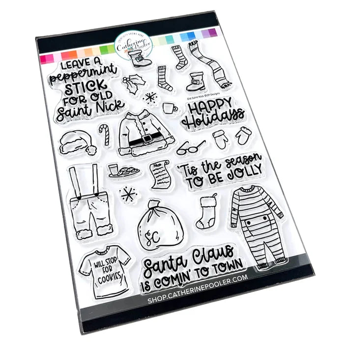 Catherine Pooler - Stamp Set - Old Saint Nick. The Old Saint Nick 6x8 Stamp Set has everything but the man himself! This fun line-art set includes all of Saint Nick's gear from his suit and boots to his long johns to keep him cozy in the North Pole! Available at Embellish Away located in Bowmanville Ontario Canada.