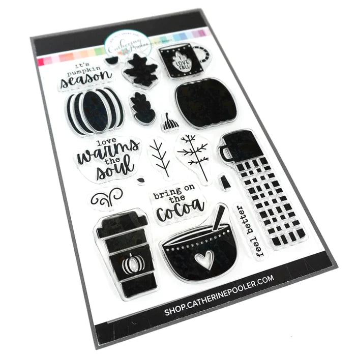 Catherine Pooler - Stamps and Dies Set - Pumpkin Season. Autumnal icons like hot beverage mugs and thermos, falling leaves, twigs, bowls and of course a layering pumpkin stamp. Use one of the nine (9) dies in the The Pumpkin Season Dies Set. Available at Embellish Away located in Bowmanville Ontario Canada.