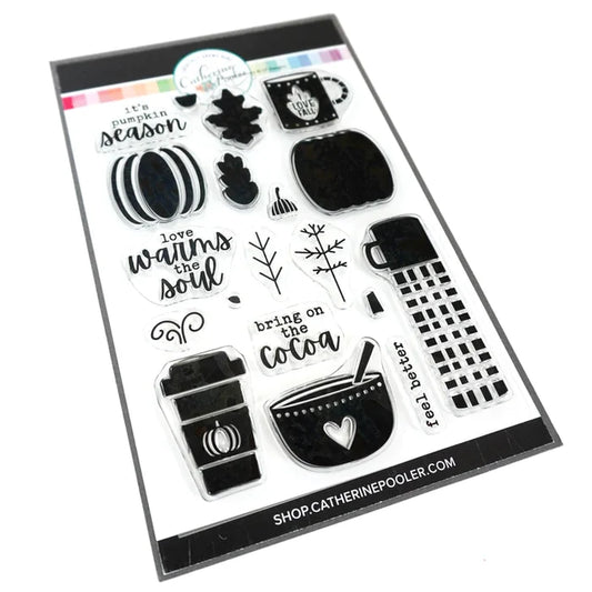 Catherine Pooler - Stamps and Dies Set - Pumpkin Season. Autumnal icons like hot beverage mugs and thermos, falling leaves, twigs, bowls and of course a layering pumpkin stamp. Use one of the nine (9) dies in the The Pumpkin Season Dies Set. Available at Embellish Away located in Bowmanville Ontario Canada.