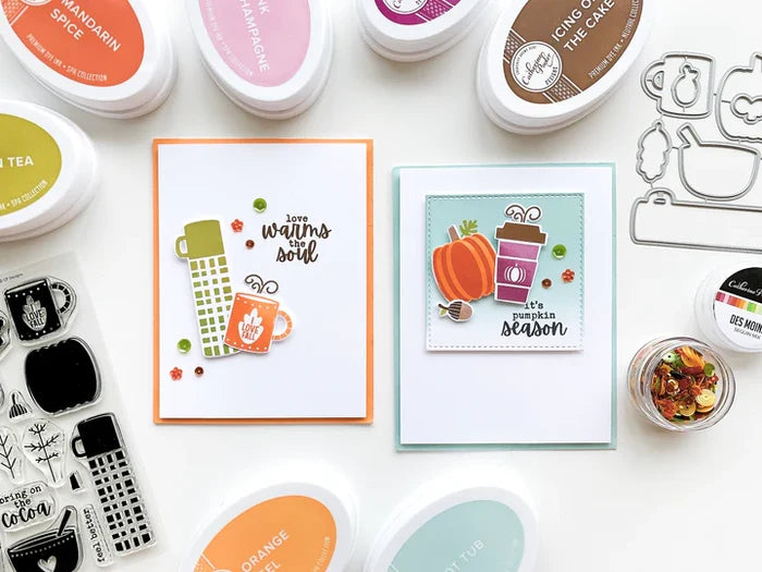 Catherine Pooler - Stamps and Dies Set - Pumpkin Season. Autumnal icons like hot beverage mugs and thermos, falling leaves, twigs, bowls and of course a layering pumpkin stamp. Use one of the nine (9) dies in the The Pumpkin Season Dies Set. Available at Embellish Away located in Bowmanville Ontario Canada. card design by brand ambassador.