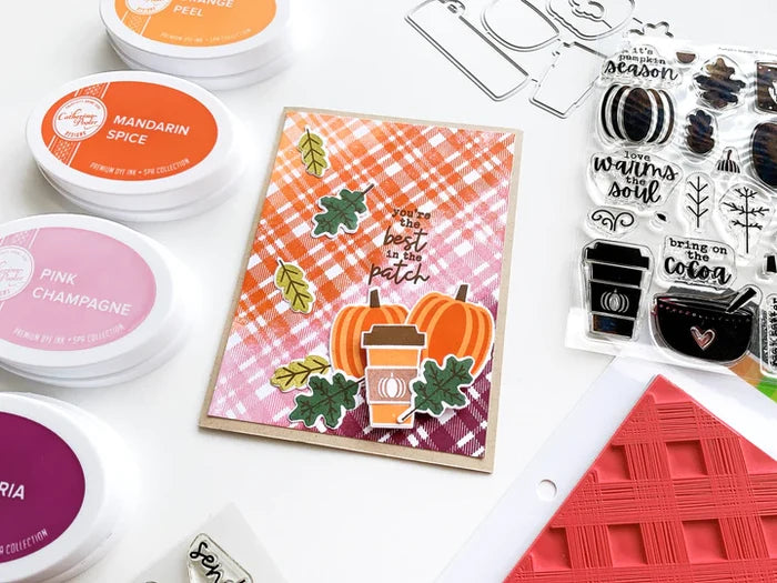 Catherine Pooler - Stamps and Dies Set - Pumpkin Season. Autumnal icons like hot beverage mugs and thermos, falling leaves, twigs, bowls and of course a layering pumpkin stamp. Use one of the nine (9) dies in the The Pumpkin Season Dies Set. Available at Embellish Away located in Bowmanville Ontario Canada. card design by brand ambassador.