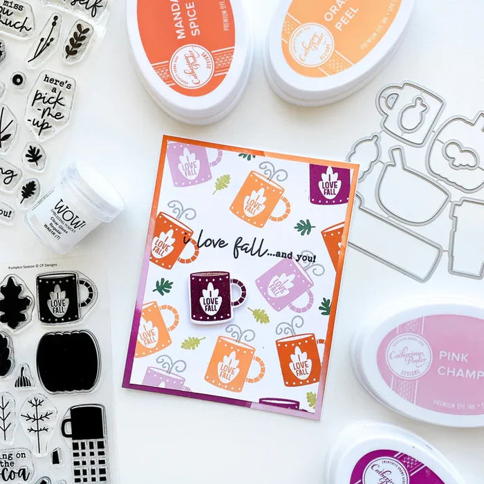 Catherine Pooler - Stamps and Dies Set - Pumpkin Season. Autumnal icons like hot beverage mugs and thermos, falling leaves, twigs, bowls and of course a layering pumpkin stamp. Use one of the nine (9) dies in the The Pumpkin Season Dies Set. Available at Embellish Away located in Bowmanville Ontario Canada. card design by brand ambassador.