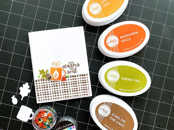 Catherine Pooler - Stamps and Dies Set - Pumpkin Season. Autumnal icons like hot beverage mugs and thermos, falling leaves, twigs, bowls and of course a layering pumpkin stamp. Use one of the nine (9) dies in the The Pumpkin Season Dies Set. Available at Embellish Away located in Bowmanville Ontario Canada. card design by brand ambassador.