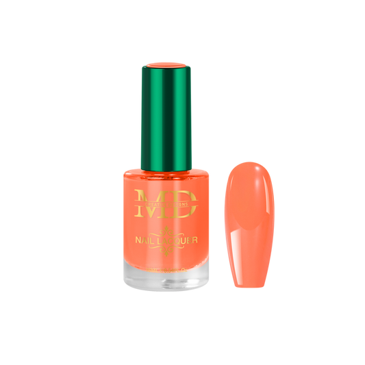 Orange nail polish bottle with green cap on a white background