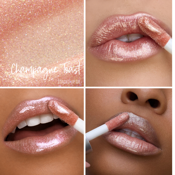 Runway Rogue Loaded Lip oils with 'Champagne Toast' applied to lips on 3 different skin tones, and close-up of product swatch