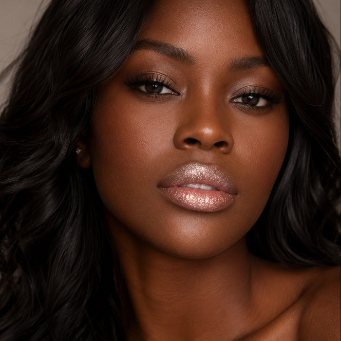 Close-up of a woman with dark hair wearing Runway Rogue Lip Oil in the shade 'Champagne Toast', a pale pearlescent nude with gold shimmer