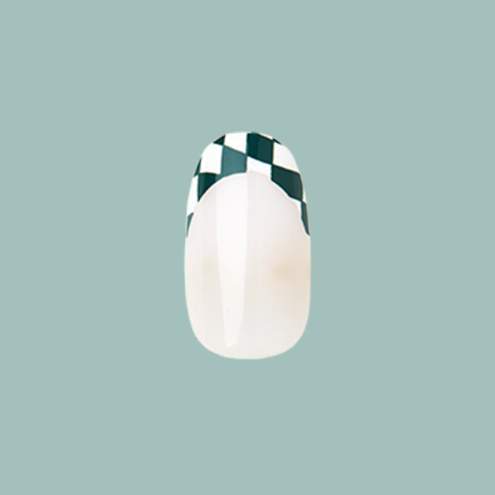 Checkerboard French - Press-On | Short | Round single nail with black and white checkered French tip on a clear base