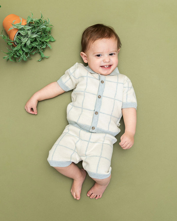 Checkered Jacquard Baby Shirt & Shorts Set (Organic Cotton) - Model