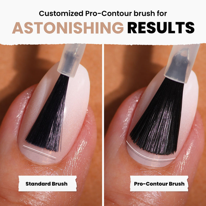 Close-up of two Cheerio nail brushes on nails. Left: Standard brush with uneven bristles. Right: LONDONTOWN Pro-Contour brush, featuring even, precise bristles for a flawless French manicure. Text above highlights "Astonishing Results.