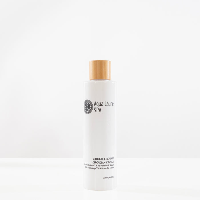 Aqua Laure SPA Circadian Cryogel in white bottle with bamboo cap, featuring Nocturshape™ & Wakame Bio-Ferment for skin renewal
