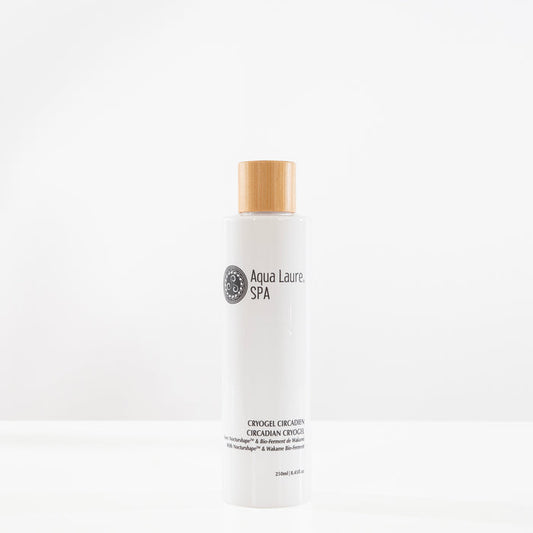 Aqua Laure SPA Circadian Cryogel in white bottle with bamboo cap, featuring Nocturshape™ & Wakame Bio-Ferment for skin renewal