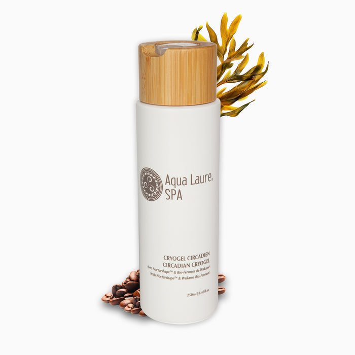 Aqua Laure SPA Circadian Cryogel in white bottle with bamboo cap, surrounded by coffee beans and golden leaves, 250ml