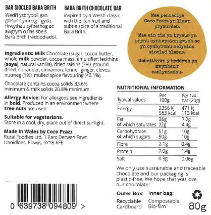 Coco Pzazz Bara Brith Milk chocolate bar - 'Welsh Farm'