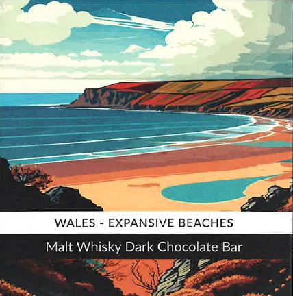 Coco Pzazz Malt Whisky dark chocolate bar - 'Wales/Expansive Beaches'