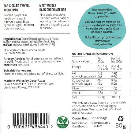 Coco Pzazz Malt Whisky dark chocolate bar - 'Wales/Expansive Beaches'
