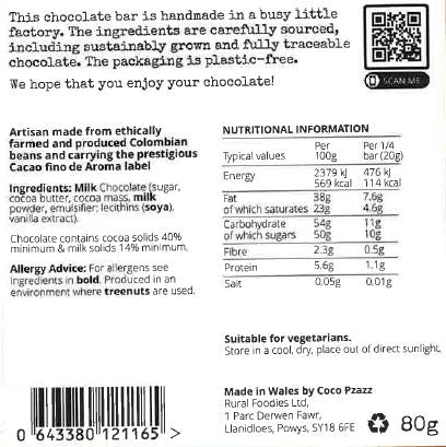 Coco Pzazz Milk chocolate bar - 'Ponterwyd/Gaia'