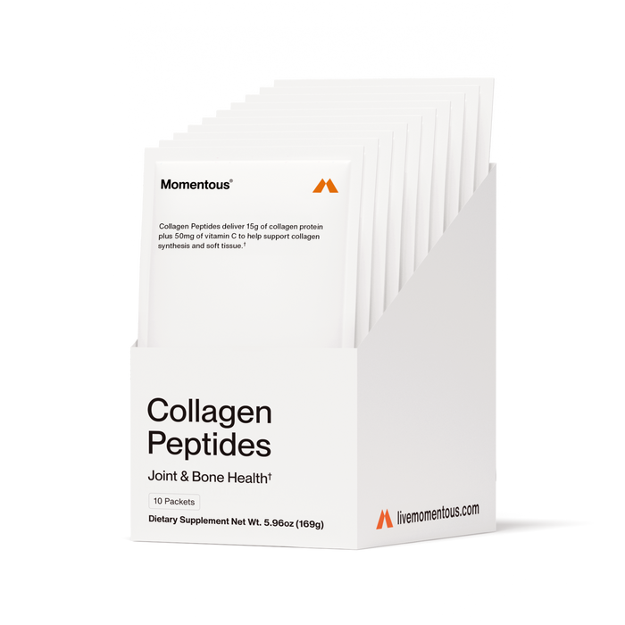 “Momentous Collagen Peptides travel packets displayed in an open box with text: ‘Collagen Peptides Joint & Bone Health. 10 packets. Collagen Peptides deliver 15g of collagen protein plus 50mg of vitamin C to help support collagen synthesis and soft tissue.’ Dietary supplement net weight 5.96 oz (169 g), livemomentous.com.”