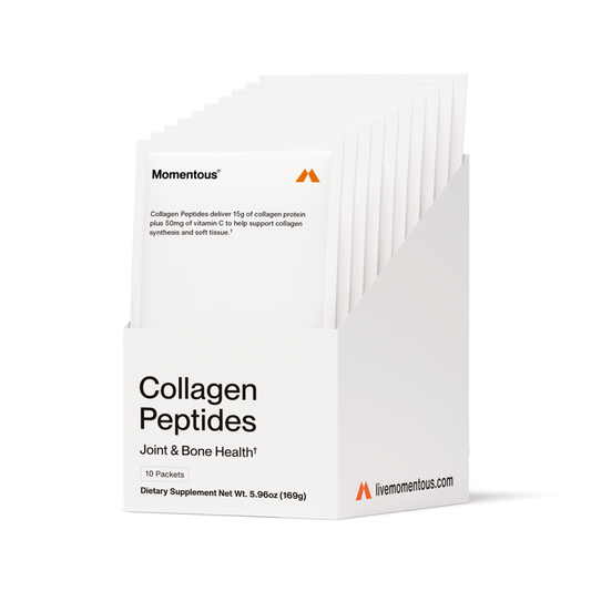 “Momentous Collagen Peptides travel packets displayed in an open box with text: ‘Collagen Peptides Joint & Bone Health. 10 packets. Collagen Peptides deliver 15g of collagen protein plus 50mg of vitamin C to help support collagen synthesis and soft tissue.’ Dietary supplement net weight 5.96 oz (169 g), livemomentous.com.”