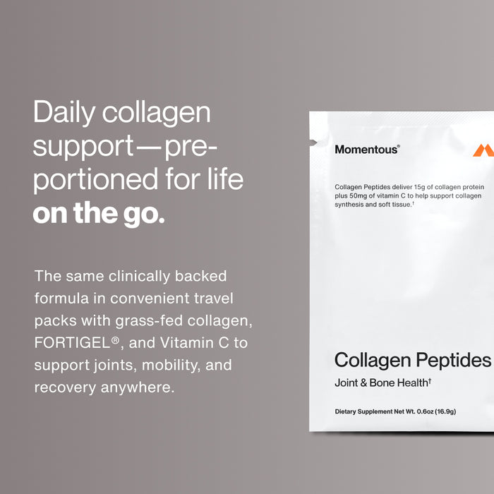 A single-serve packet of Momentous Collagen Peptides. Text reads: “Daily collagen support—pre-portioned for life on the go.” Additional text mentions grass-fed collagen, FORTIGEL®, and Vitamin C for joints, mobility, and recovery.