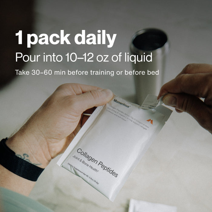 Hands opening a single-serve packet labeled “Momentous Collagen Peptides Joint & Bone Health†” near a shaker bottle. Overlaid text reads: “1 pack daily”. Below it reads: “Pour into 10–12 oz of liquid”. Additional text reads: “Take 30–60 min before training or before bed”.